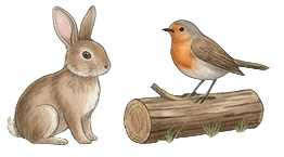 Watercolor rabbit and bird on a log